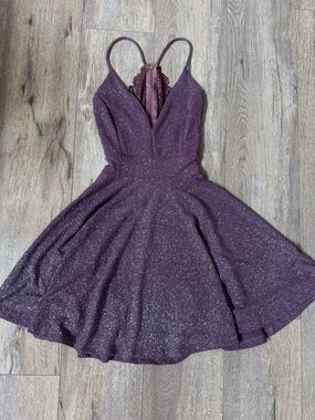 Glitter Plum Fit-and-Flare Party Dress with Lace Back